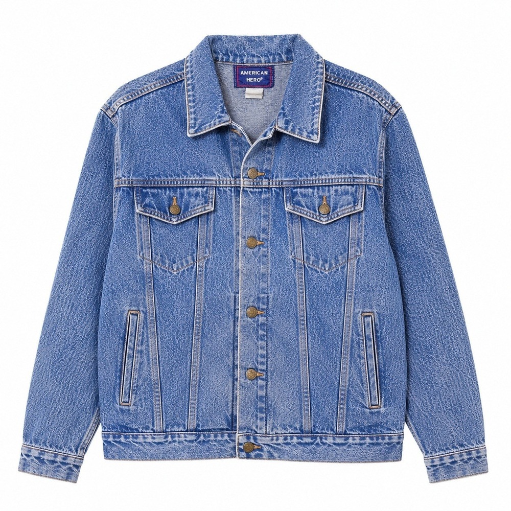 American Hero Mens Denim Trucker Jacket Blue Acid Wash Vintage Style Large